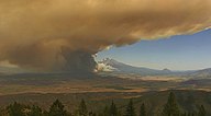 Thick orange-brown smoke blocks half a blue sky, with conifers in the foreground