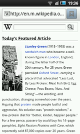 The mobile version of the English Wikipedia Main Page in the Android web browser on a Samsung i5800