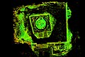 Composite Laser scan plan image of Chichen Itza's El Caracol from above, showing directional orientations and interior layout.