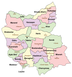 Location of Sarab County in East Azerbaijan province (center right, green)