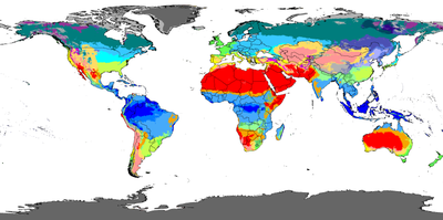 Map of world dividing climate zones, largely influenced by latitude. The zones, going from the equator upward (and downward) are Tropical, Dry, Moderate, Continental and Polar. There are subzones within these zones.