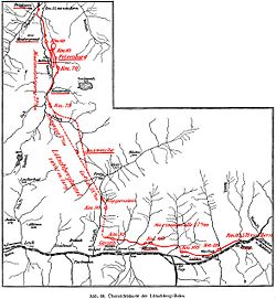 Outline map of the Lötschbergbahn between Spiez and Brig in Switzerland, showing the part from Frutigen to Brig. Note the double loop completed with a 270 degree spiral tunnel between Kandergrund and Felsenburg (ca. km 60 and 70) and the straight stretch of the Lötschberg tunnel between km 75 and 90.