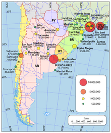 Mapa del Cono Sur, mayores aglomeraciones urbanas