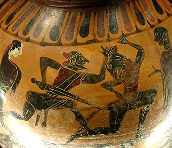 Theseus and the Minotaur. Detail from an Attic black-figure amphora, ca. 575 BC–550 BC.