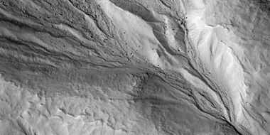 Close view of gully alcove, as seen by HiRISE under HiWish program. Note this is an enlargement of a previous image.