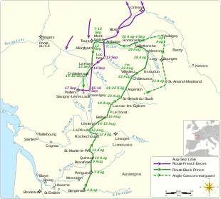 a map showing the route of the Black Prince's division during the campaign and dates of visits to various places, and similar for King John II's army