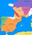 Image 41The greatest extent of the Visigothic Kingdom of Toulouse, c. 500, showing Territory lost after Vouillé in light orange (from History of Spain)