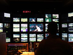 Inside Arena Television OB7's production gallery at the Wimbledon Tennis Championships, UK