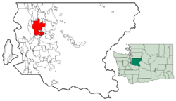 Location of Bellevue within King County, Washington, and King County within Washington.