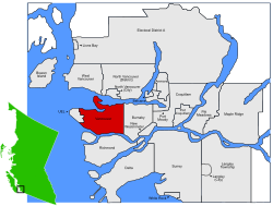 Location of Vancouver within the Greater Vancouver Regional District in British Columbia, Canada