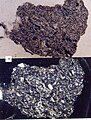 Granular volcanic lithic fragment, scale in millimeters Top picture in plane-polarized light, bottom picture in cross-polarized light.