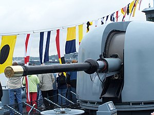 OTO-Melara 76 mm gun onboard Hessen, a Sachsen-class frigate of the German Navy