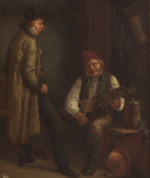 The folk life painting Spelande bönder (playing farmers), by JJ Malmberg, 1863, depicting a farmer with a nyckelharpa.