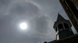 A circumscribed halo (outer ring) together with a comparatively rare 9° halo (inner ring), caused by pyramidal ice crystals. Midsland, the Netherlands, 2019.