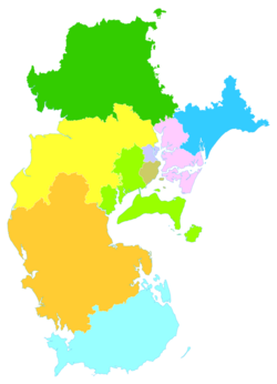 On this map of Zhanjiang, Wuchuan is the easternmost part, shown in light blue next to the region in pink.