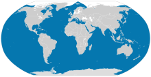 The range distribution of the killer whale, which extends from Antarctica in the south to the arctic circle in the north.