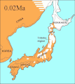 Image 3Japan at the Last Glacial Maximum in the Late Pleistocene about 20,000 years ago   regions above sea level   unvegetated   sea black outline indicates present-day Japan (from History of Japan)