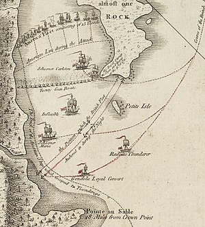 The American ships are shown lined up between the western shore and Valcour Island. Near the southern tip of the island lies the Royal Savage, which has run aground. The Carleton is nearby, and twenty British gunboats are lined up from there to the shore, facing the American line. Further south are the British ships Inflexible, Maria, and Thunderer. Lines indicate the path taken by the Americans when they escape the night after the battle, hugging the western shore, while the British ships are lined up across the opening of the bay.