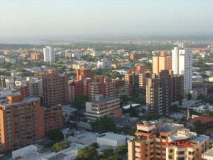 View of Barranquilla's skyline, the mouth of the Magdalena river and the Caribbean sea in the background