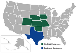 Previous affiliations of Big 12 schools (blue: Southwest Conference, green: Big Eight Conference)