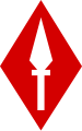 A white spearhead pointing up, on a scarlet diamond.