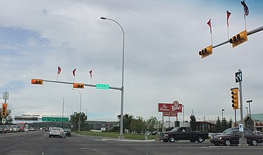 Horizontally mounted traffic lights in Calgary, Alberta.