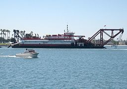 HR Morris of the Manson Construction Co. fleet, a Cutter Suction Pipeline Dredge, working on Mission Bay, San Diego, California