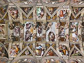 Part of the ceiling of the Sistine Chapel in Vatican City in Rome, showing the ceiling in relation to the other frescoes