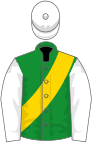 Green, gold sash, white cap and sleeves