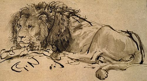 Pen and wash lion by Rembrandt in the Louvre