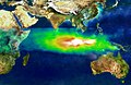 False-color image of smoke and ozone pollution from Indonesian fires, 1997