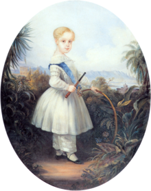 full-length oil portrait of the Prince Imperial as a blond-haired child in a white short frock and official blue sash worn over white pantaloons and holding a stick and hoop