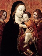 安布羅焦·貝爾戈尼奧內（英語：Ambrogio Bergognone）的《聖母子與兩個天使》（Madonna col bambino e due angeli），37 × 28cm，約作於1480－1485年，來自吉安·賈科莫·波爾迪·佩佐利的藏品[12]