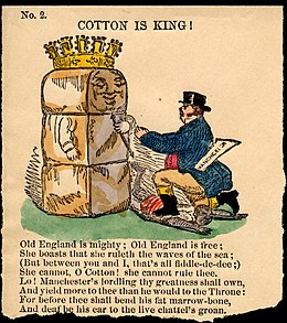 man in tophat with script coming out of pocket that says Manchester kneeling on an African American bowing before a bale of cotton depicted with a face and scepter and a crown on top of it.