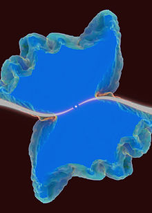 Central star has elongated S shaped curve of white emanating in opposite directions to the edge. A butterfly-like area surrounds the S shape with the S shape corresponding to the body of the butterfly.