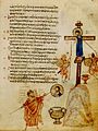 Esta página del Psalterio Chludov (uno de los tres únicos manuscritos ilustrados iconódulos que sobrevivieron al siglo IX) ilustra un pasaje evangélico en que un soldado ofrece a Cristo vinagre en una esponja atada a una lanza. En el plano inferior se caricaturiza al último Patriarca de Constantinopla iconoclasta, Juan el Gramático, borrando un icono de Cristo con una esponja similar.