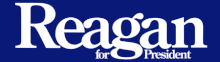 Reagan's campaign logo featuring the slogan "Reagan for President" in white letters on a blue background