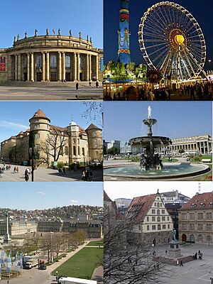 Top left: Staatstheater, Top right: View of Cannstatter Volksfest event in Bad Cannstatt. Middle left: Stuttgart's Old Castle at the Schillerplatz. Middle right: A fountain at Schlossplatz (Castle square), Bottom left:Stuttgart New Palace (Neues Schloss). Bottom right: Fruchtkasten façade built and Statue of Friedrich Schiller at the Schillerplatz