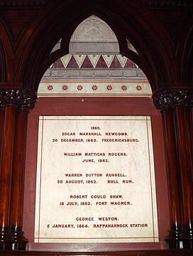 Twenty-eight marble tablets honor Harvard's Union dead. This one lists Robert Gould Shaw, Class of 1860.