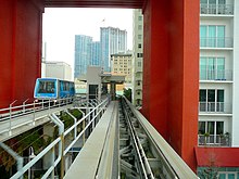 An elevated metro line and station with a travelling vehicle on the left track, passing through the opening at the bottom of a building.