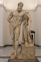 The Farnese Hercules, probably an enlarged copy made in the early 3rd century AD and signed by a certain Glykon, from an original by Lysippos (or one of his circle) that would have been made in the 4th century BC; The copy was made for the Baths of Caracalla in Rome (dedicated in 216 AD), where it was recovered in 1546