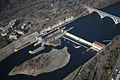 Lock and dam No. 1 with lock facilities on the left and hydroelectric powerhouse on the right.