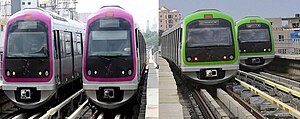 Namma Metro trains on the Purple Line and Green Line