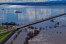 View of the flooded Yolo Bypass floodplain used for flood control. The floodplain is inundated annually during the winter rainy season in California.