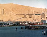 Soldiers in the parade with the series of Imperial flags during the 2,500 year celebration of the Persian Empire.