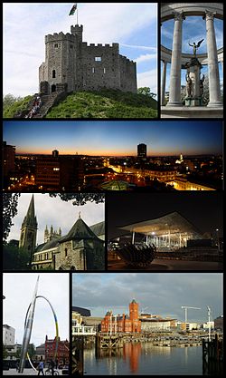 Clockwise from top: Norman keep of Cardiff Castle, the Welsh National War Memorial, Cardiff City Centre, the Senedd, Cardiff Bay, Alliance and Llandaff Cathedral