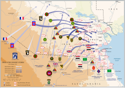 A map showing a large allied force sweeping north and then east through the desert in southern Iraq and in Kuwait