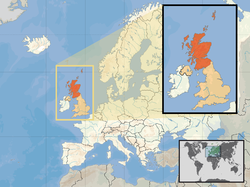 Location of Scotland (inset - orange) in the United Kingdom (camel) in the European continent (white)