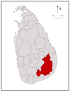 Area map of Monaragala District, located east of the centre of the country, has its south eat border extending towards the west, in the Uva Province of Sri Lanka