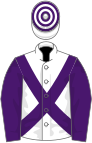 White, purple cross sashes and sleeves, hooped cap